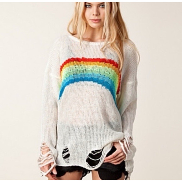 Wildfox White Label Rainbow Sweater Distressed Slouchy Oversized Womens Size XS - Picture 1 of 7